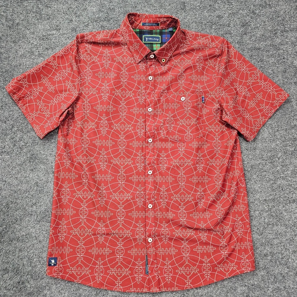 William Murray Laces Out Mens Medium Football Patterned Short Sleeve Button Up